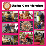 Cover art for Sharing Good Vibrations, a compilation album. It features a grid of 8 images of people playing the gamelan, a title and GV's logo.